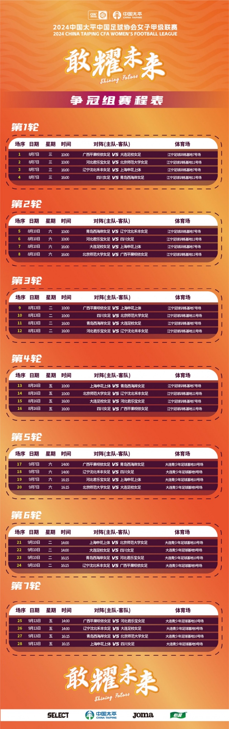 2024年中国足球协会女子甲级联赛赛程表争冠组和保级组