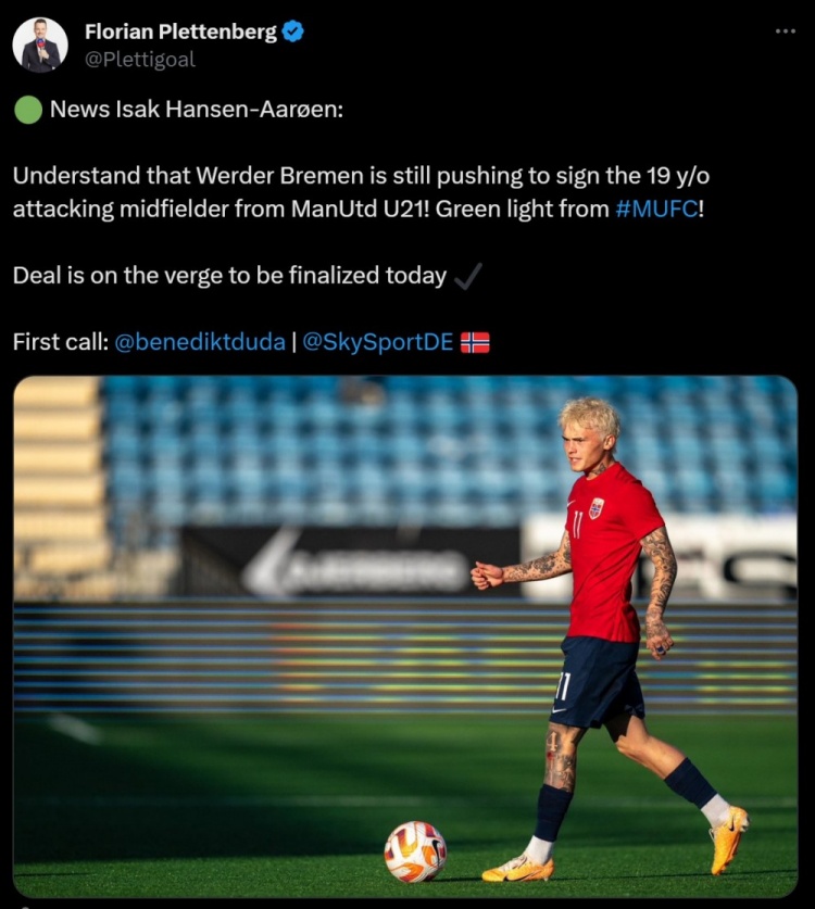 记者：不莱梅接近签下曼联19岁的挪威中场汉森亚隆