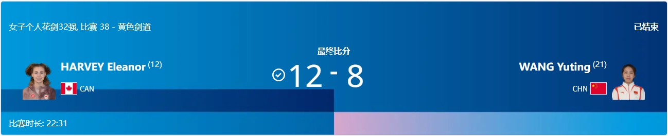 奥运女子个人花剑王雨婷812不敌加